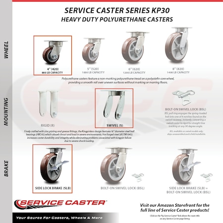 Service Caster 4 Inch Kingpinless Poly on Polyolefin Wheel Swivel Caster Set with 2 Brakes SCC SCC-KP30S420-PPUR-2-SLB-2